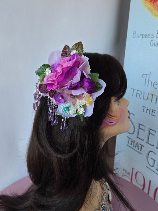 Handmade Velvet Rose Hair Clip Beaded Fringe Flapper Style Dollette Fairycore main image 6